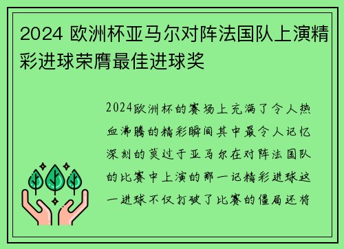 2024 欧洲杯亚马尔对阵法国队上演精彩进球荣膺最佳进球奖